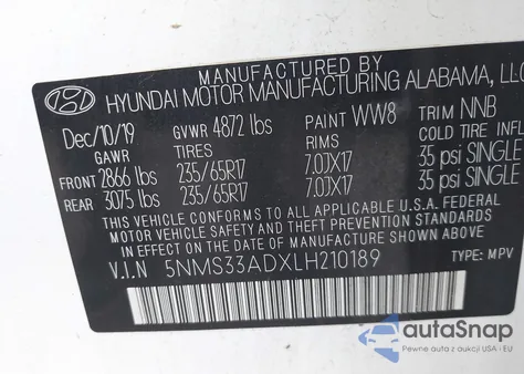 2020 Hyundai Santa Fe Sel z USA, uszkodzony, nr VIN 5NMS33ADXLH210189